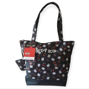 Betty Boop Cherry Print Tote Handbag With Attached Coin Pouch